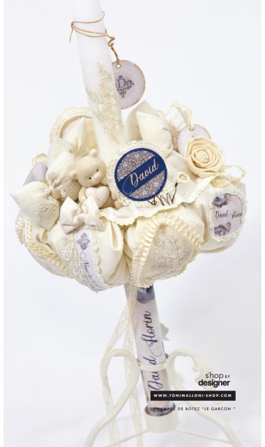Lumanare de botez cu  ursuleti, dantela ivory, accente gold si bleumarin 2